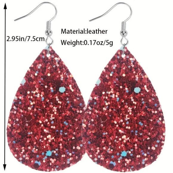 Teardrop Dangle Sparkle Earrings PU Leather Multicolor 2.95 Drop New - Picture 6 of 8